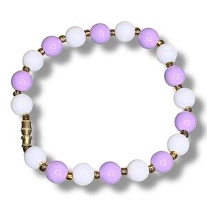 Vintage 90s Era Purple White Beaded Bracelet 7.5” Length Twist Toggle Closure